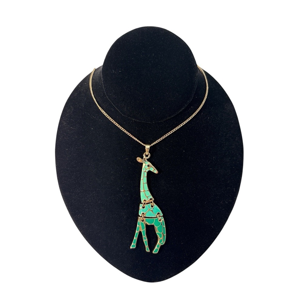 Vintage Gold Tone Green Enamel Spotted Giraffe Articulated Flexible Necklace
